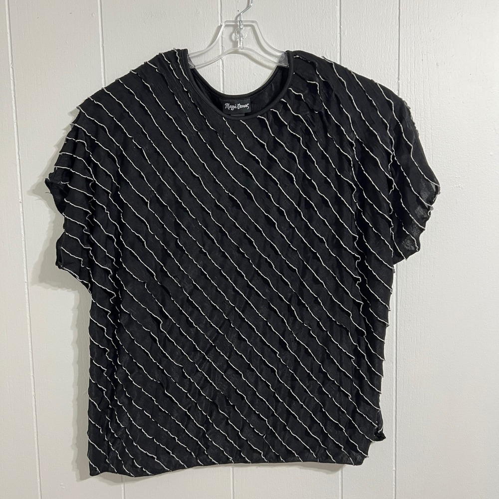 Maggie Barnes 2X Black Top White‎ Textured Stripe Short Sleeve Plus Size